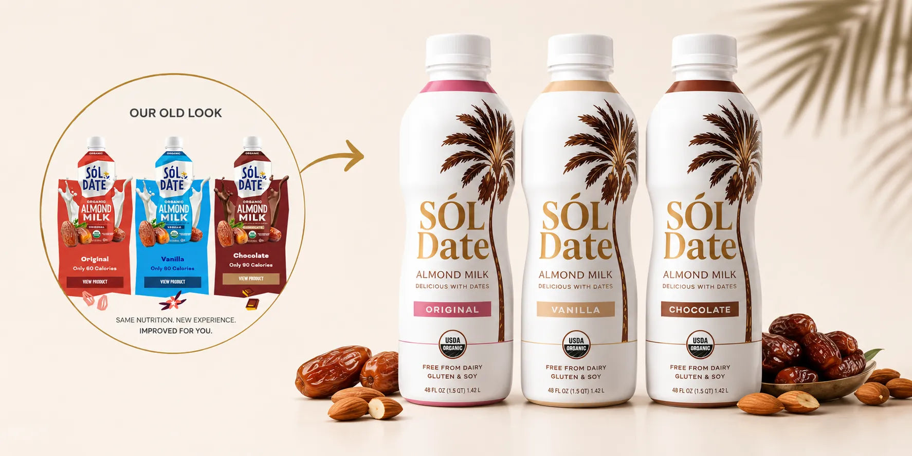 SÓL Date old packaging transitioning to the new almond milk packaging