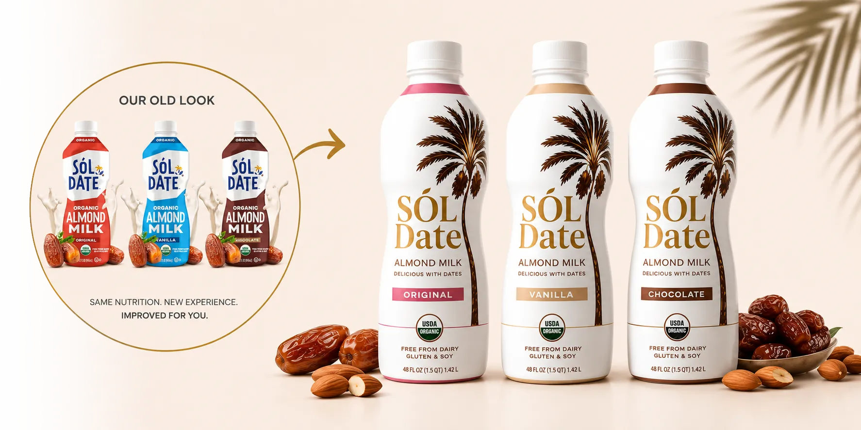 SÓL Date old packaging transitioning to the new almond milk packaging
